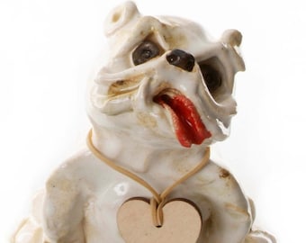 Ceramic Bulldog Statue with Wooden Messaging Heart Gift for Dog Lovers, Quirky Hand Made Ornament