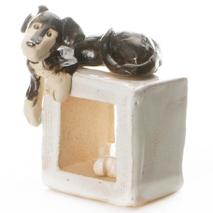 Cute Dachshund ready for Dinner sitting on White Cube Quirky Gift for Dog Lovers