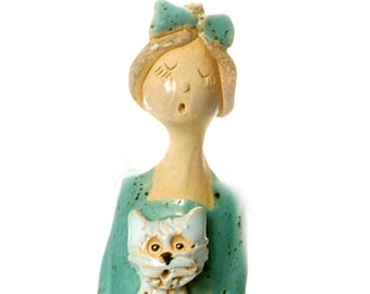 Quirky Elegant Lady Figurine Holding White Westie or Shih Tzu Hand Sculptured by Anka Christof Ceramic Dog Lovers Ornament