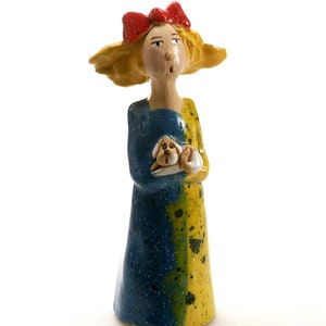 Ceramic Quirky Blonde Dog Lady with Puppy Hand Sculptured by Anka Christof Dog Lovers Ornament