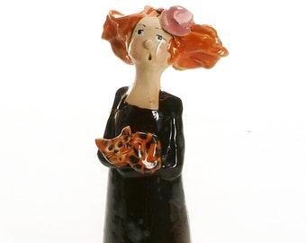 Ceramic Quirky Little Lady in Dark Olive Dress with a Ginger Cat Quirky Gift for Cat Lovers or a Home Décor