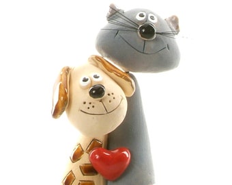 Grey Cat with Patchy Brown Dog Cool Gift for Dog & Cat Lovers Quirky Gift with Red Heart Mr and Mrs Wedding Gift