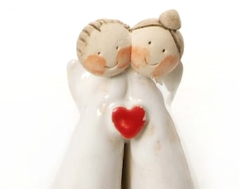 Ceramic Pair of Quirky Loving Angels with Red Heart Mr and Mrs Wedding Gift