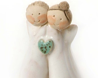 Ceramic Pair of Quirky Loving Angels with Turquoise Heart Mr and Mrs Wedding Gift