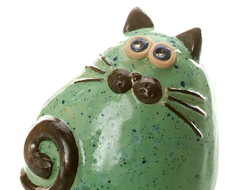 Turquoise with a hint of Mint Chubby Fat Cat Gift for a Cat Lover Quirky Gift or Home Decor Beautifully Hand Made Ceramic Cat Ornament