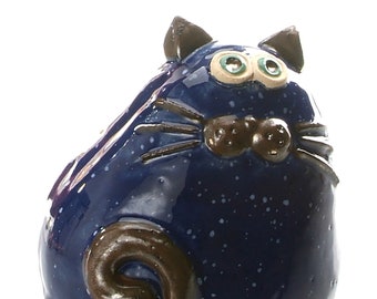 Blue Navy Ceramic Fat Cat Gift for Cat Lovers Quirky and Unique Gift or Home Decor Quirky Hand Made Bespoke Ceramic Cat