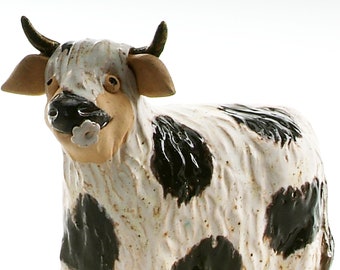 Black and White Cow Figurine with Daisy Quirky Gift Hand Made Funky Ceramic Ornament for Home Décor