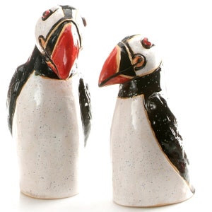 Pair of Large Puffins Mr and Mrs Hand Made Ceramic Ornament Contemporary Stylised  Quirky Wedding Gift