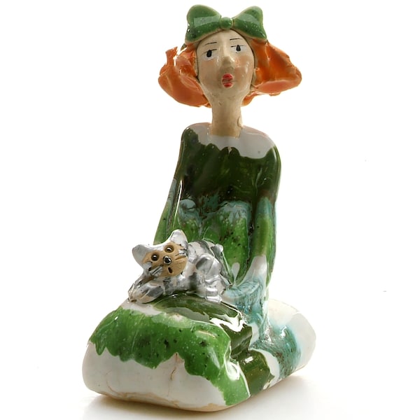 Ginger Hair Lady with a Tabby Cat Quirky Ceramic Sculpture Hand Made by Anka Christof Fabulous Room Decor
