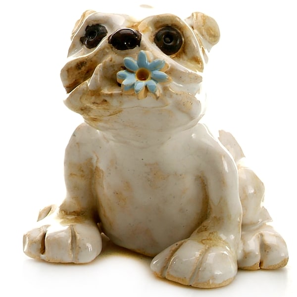 Ceramic Bulldog Statue with Flower Quirky Gift for Dog Lovers, Quirky Hand Made Ornament