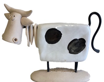Contemporary Cow Sculpture in Chic in White with Black Patches Minimalist Cow Statue