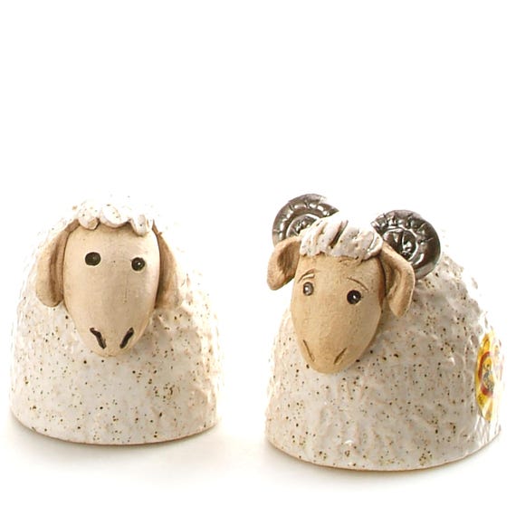 Mr & Mrs White Sheep with Ram Couple of Adorable Ceramic Sheep