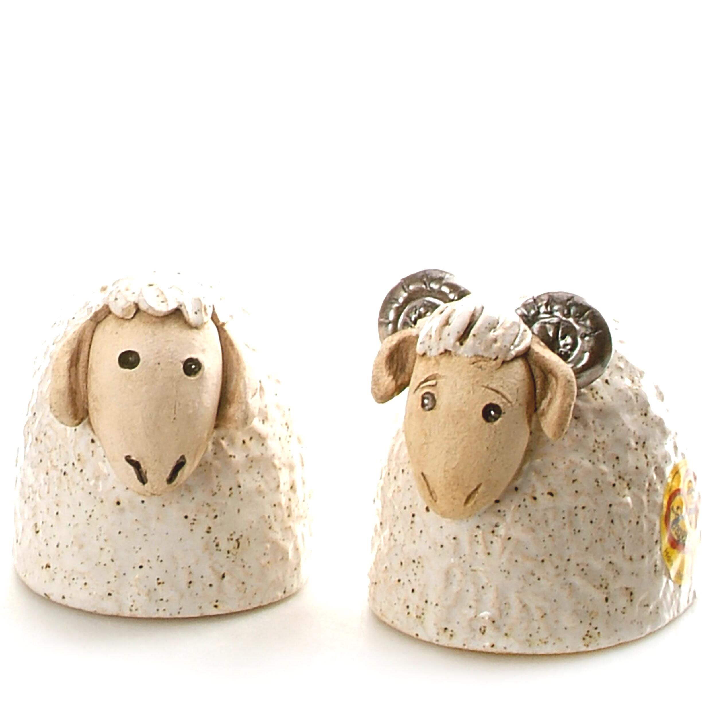 Mr & Mrs White Sheep with Ram Couple of Adorable Ceramic Sheep