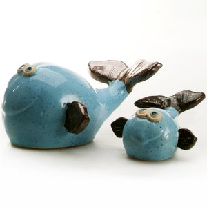 Pair of Pale Blue Whales Mother and Baby Whale Ceramic Ornament Contemporary Style Whales Mr and Mrs Gift