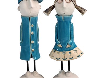 Handmade Ceramic Couple Statues Quirky Mint Blue Home Decor