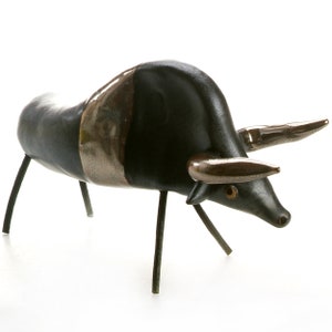 Handmade Contemporary Ceramic Raging Bull Figurine | Sleek Black with Striking Metallic Accents