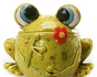 Googly Eyed Pistachio Green Ceramic Frog Figurine with Red Flower Quirky Ceramic Sculpture Fabulous Room Deco or a Cool Gift
