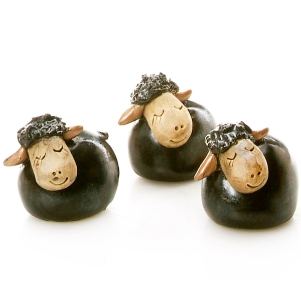 Set of 3 Mini Black Sheep Packed in 3 Individual Gift Boxes Hand Sculptured by Anka Christof