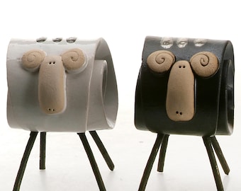 Scroll Ram with Metal Legs Modern Ceramic Ornament Hand Made Quirky Home Décor in monochrome