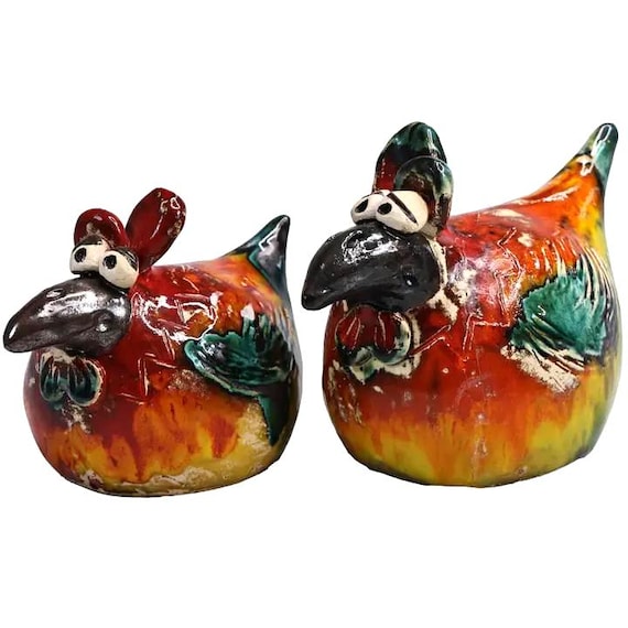 Stylized Pair of Chickens Farmhouse Home Decor in Multicolored Rainbow