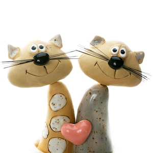 Loving Cat Couple with Pink Heart Mr and Mrs Quirky Wedding Gift for Cat Lovers Grey Tabby and White Patchy 2 Cats Together in Love