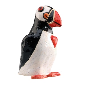 Hand Made Ceramic Puffin with Red Heart Stylized Sculpture Cute Gift or a Home Decor