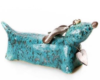 Teal Dachshund Gift for Dog  Lovers Quirky Gift with Wooden Heart to write a Message