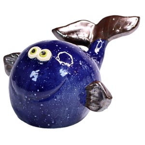 Smiling Navy Blue Whale Ornament Ceramic Handmade Figurine