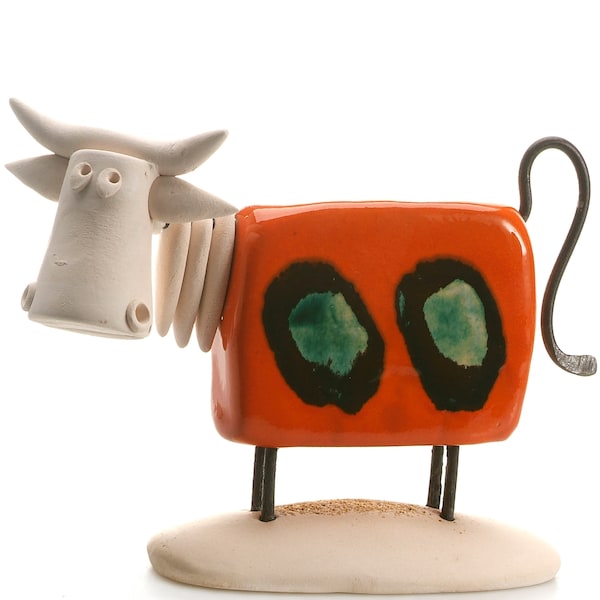 Contemporary Stylish Cool Cow Statue in Copper Orange with Metal Tail