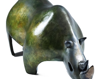 Olive Bronze Ceramic Rhino Sculpture, Modern Home Decor