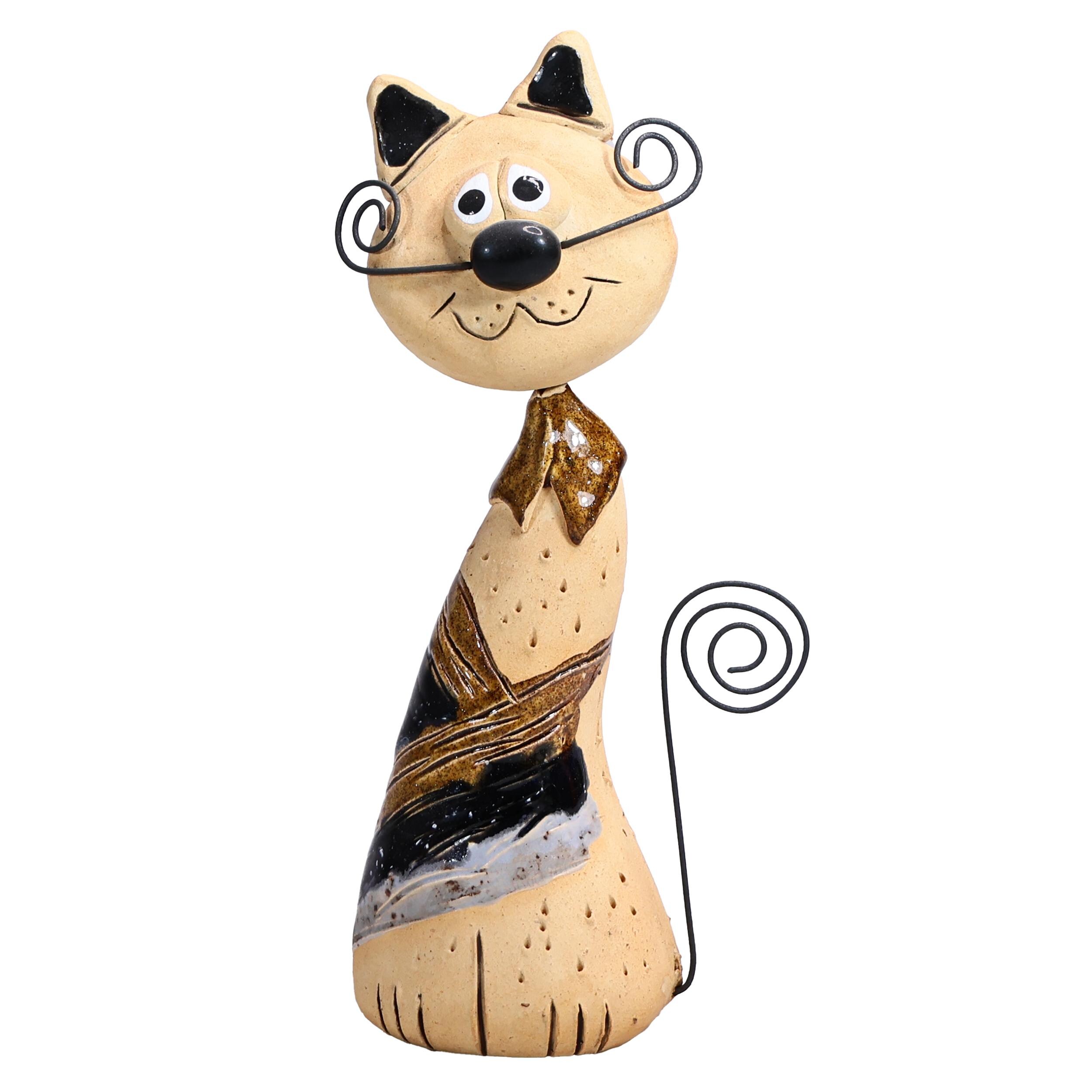Quirk Tabby Cat with Metal Whiskers, Ceramic Tall Cat Ornament