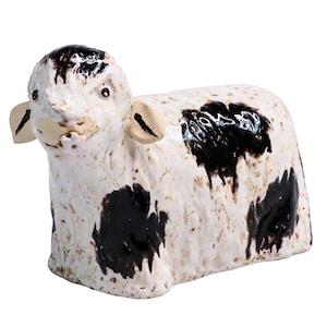 Black and White Cow Figurine with Daisy Quirky Gift Hand Made Funky Ceramic Ornament for Home Décor