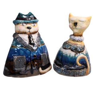 Handmade Ceramic Fat Cat and Trophy Wife in Blue
