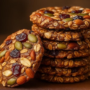 Può includere: Primo piano di una pila di biscotti rotondi e dorati, cosparsi di varie noci, semi e mirtilli rossi secchi. I biscotti sono fatti con avena e hanno una superficie leggermente strutturata. L'immagine mette in risalto gli ingredienti e le consistenze.