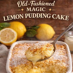 Op de afbeelding: Een citroenpuddingcake met de tekst "Old-Fashioned MAGIC Lemon Pudding Cake". Een lepel cake wordt uit een witte rechthoekige schaal getild. Verse citroenen en een klein potje staan op de achtergrond.