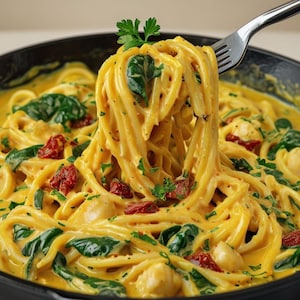 Könnte beinhalten: Nahaufnahme einer Pfanne mit cremiger Pasta. Das Gericht besteht aus Spaghetti, die in einer leuchtend gelben Sauce getunkt sind, mit grünem Spinat, sonnengetrockneten Tomaten und mit Petersilie garniert. Eine Gabel hebt einen Teil der Pasta an.