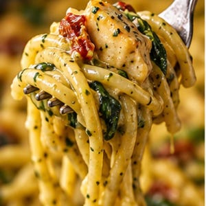 Puede incluir: Un tenedor de metal sostiene una porción de pasta larga cubierta con una salsa cremosa de hierbas verdes, trozos de pollo cocido y tomates rojos secos. Los fideos están enredados alrededor de las púas, mostrando una comida texturizada.