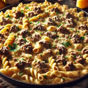 Puede incluir: Primer plano de una sartén llena de pasta y carne. La pasta tiene forma de espiral, está cubierta con una salsa cremosa y cubierta con carne desmenuzada y perejil. Un trozo de queso es visible en el fondo.