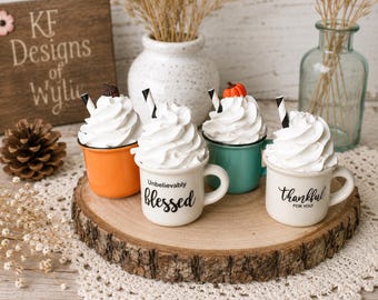 Mini Fake Fall Drinks, Faux Whipped Cream Mugs, Pumpkin Tiered Tray Decor, Fall Coffee Bar Decor, Mini Mug Kitchen Decoration