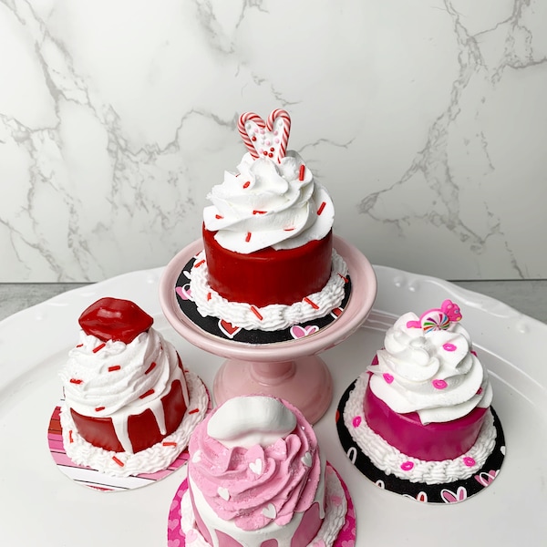 Fake mini cakes, Valentine’s fake cakes, tiered tray decor for Valentine’s, photo props