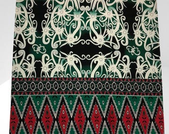Green Red Ornamental Batik, Sarawak Dayak Iban sarong with Floral & Geometric Pattern, Summer coverup for beach, ready to wear sarong