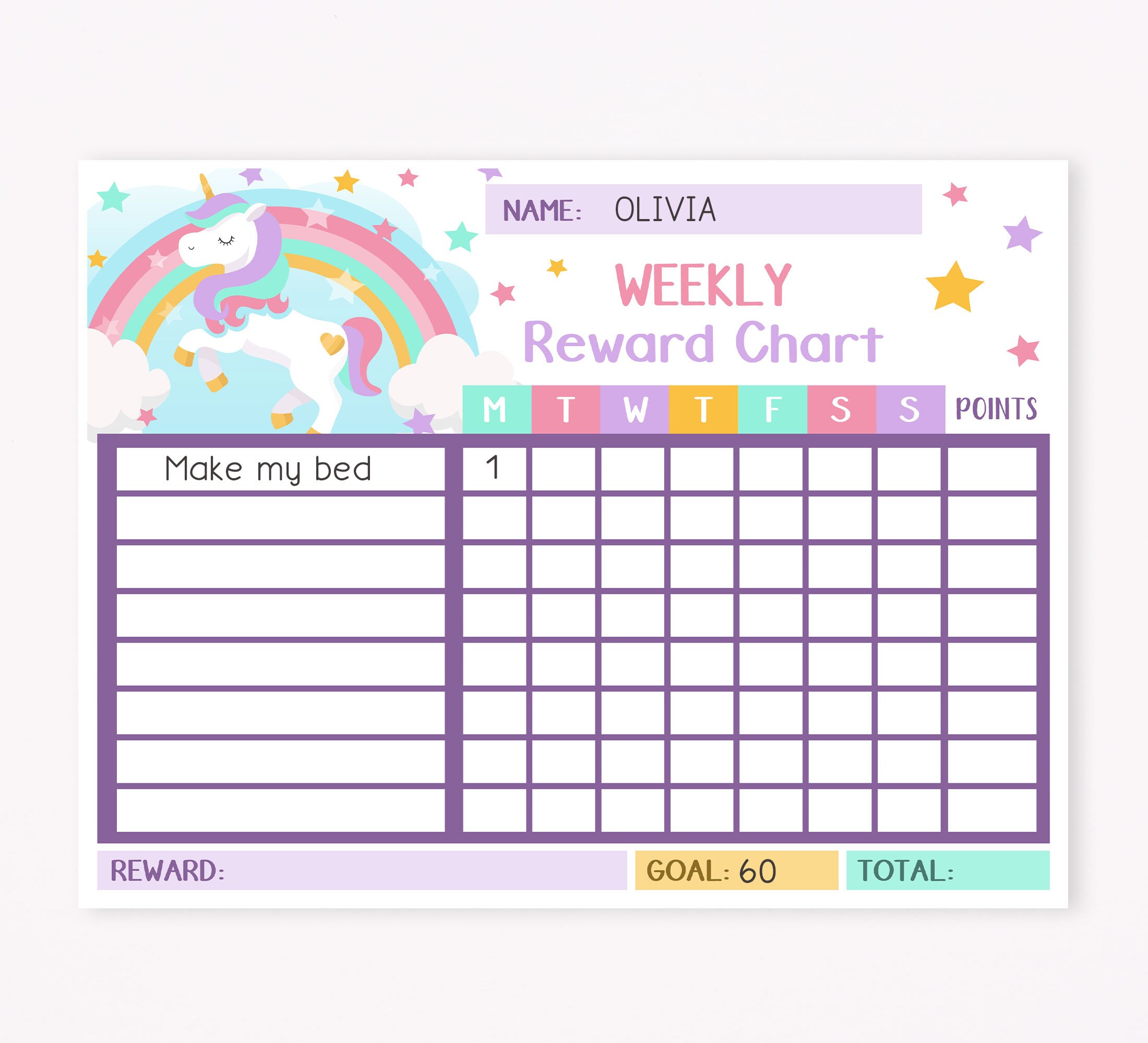 chore chart for girls printable rainbow unicorn etsy