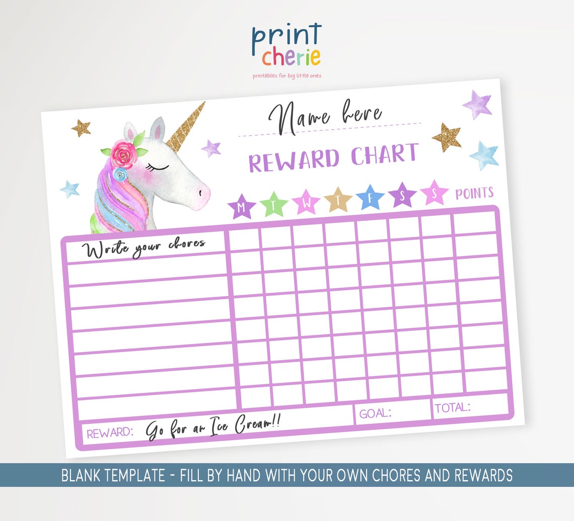 unicorn reward chart printable weekly chore chart template etsy