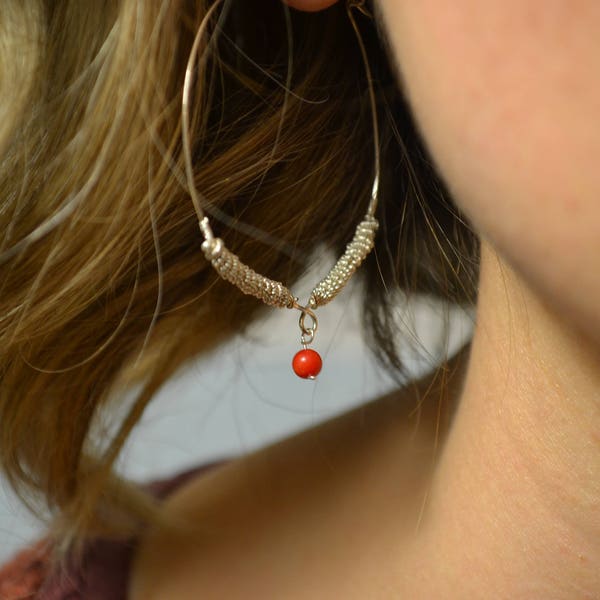 Handmade elegant coral hoop silver earrings inspired by traditional Croatian jewelry, minimalist replication of Konavle earrings