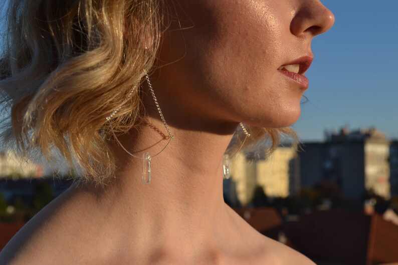Unique crystal quartz silver earrings made in Croatia, chain dangle drop earrings as anniversary wedding birthday gift idea, eye catching image 4