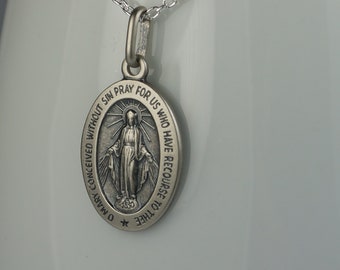 Sterling Silver Oval Oxidised Miraculous Medal Pendant Small Ladies/Childs 