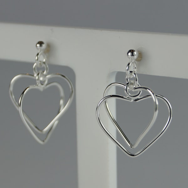 Sterling Silver Heart Earrings, Dangle Heart Earrings, Drop Heart Earrings, Sterling Silver Earrings, Double Heart Ear Rings.