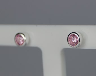 October Birthstone Earrings: Pink Tourmaline Cubic Zirconia, Sterling Silver Studs