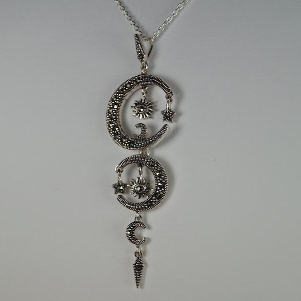 Silver Marcasite Necklace, Silver Marcasite Pendant, Sun, Moon and Star Necklace, Sun, Moon and Star Pendant Sparkly Pendant Sterling Silver
