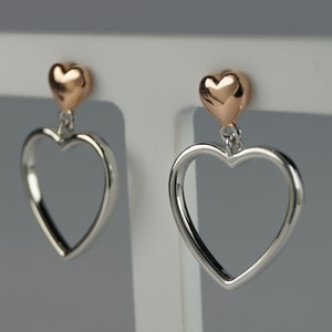 Sterling Silver Heart Dangle Earrings With Rose Gold Vermeil, Silver Heart Dangle Earrings.